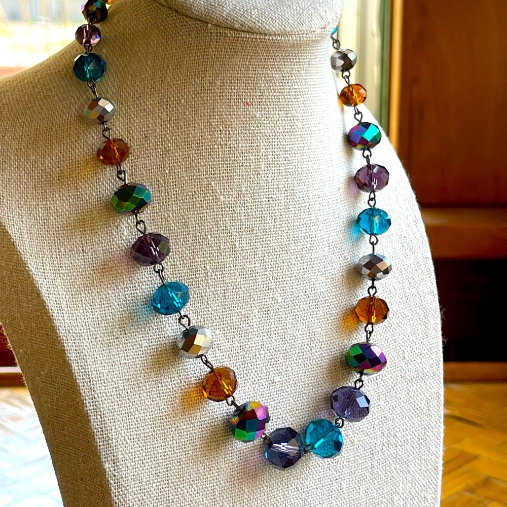 Faceted glass bead necklace holo & clear colors